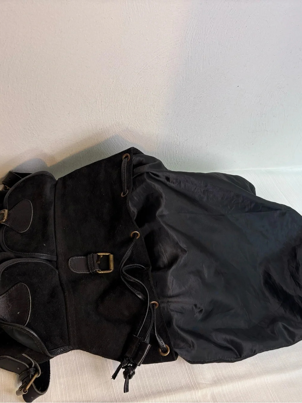 Vintage Handmade in Pakistan Genuine Suede Leather Buckle Drawstring Backpack